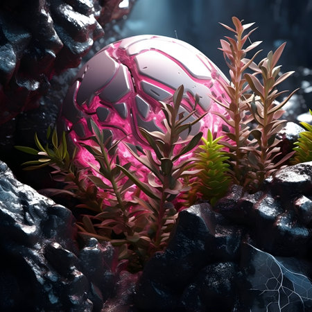3D illustration of an abstract background with plants and a sphere.の素材