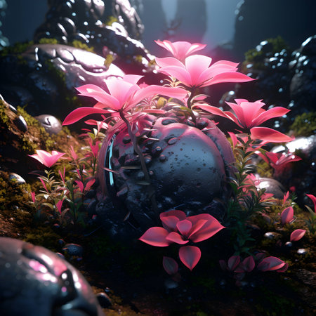 3D rendering of a beautiful fantasy landscape with flowers in the waterの素材