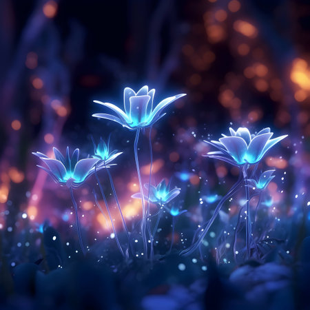 Beautiful blue flowers in the forest at night. 3d renderingの素材