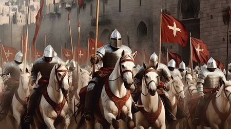 Medieval battle scene with cavalry and infantry. 3d illustration.の素材