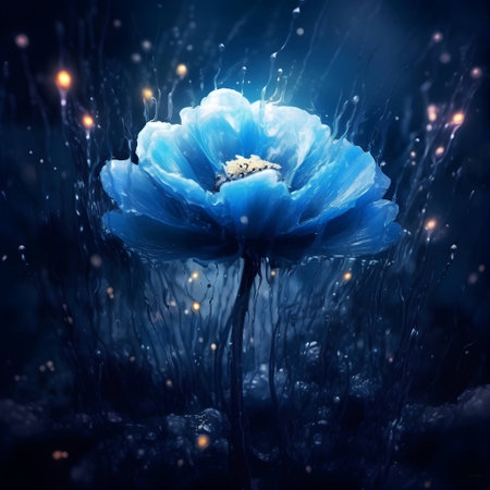 Blue flower on dark background with lights and bokeh. 3d renderingの素材