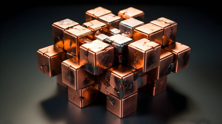Cubes of gold on a black background. Shallow depth of field.の素材