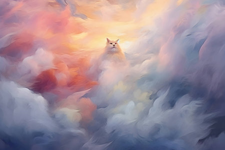 White cat in the sky with clouds. Digital painting of a cat.の素材
