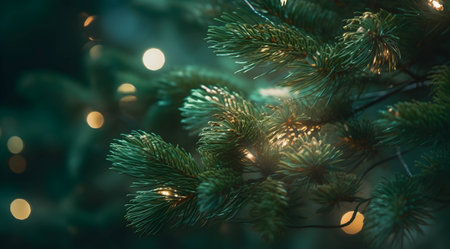 Christmas tree branches with lights and bokeh. new years backgroundの素材