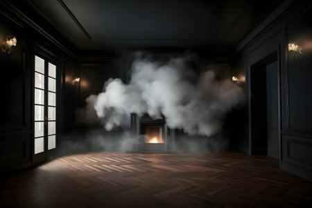 3D rendering of a dark room with smoke coming out of the windowの素材