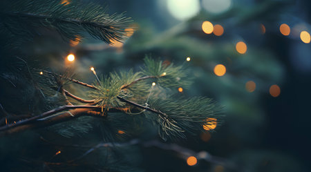 Christmas tree branches with bokeh lights. Christmas and New Year backgroundの素材