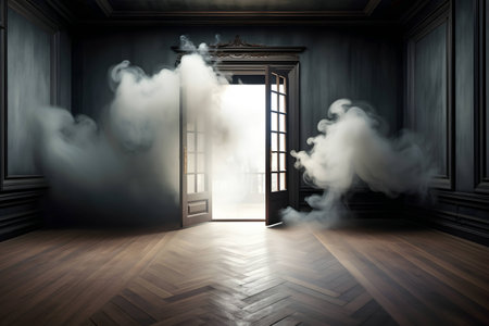 Interior of a dark room with an open door and smoke coming outの素材