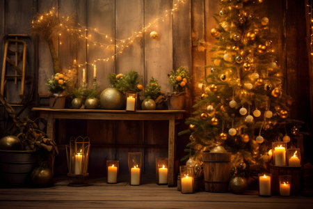 Decorated Christmas tree with burning candles on wooden planks backgroundの素材