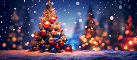 Christmas tree with snow and snowflakes. Christmas and New Year background.の素材