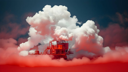 Industrial landscape with red and white clouds. 3D illustration.の素材
