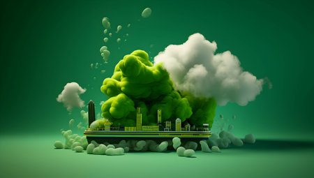 Industrial landscape with green smoke in the air. 3d renderingの素材