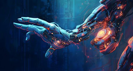 3d rendering humanoid robot hand touching virtual screen, future technology conceptの素材