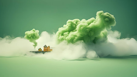 Factory with green smoke and a house in the middle. 3D renderingの素材
