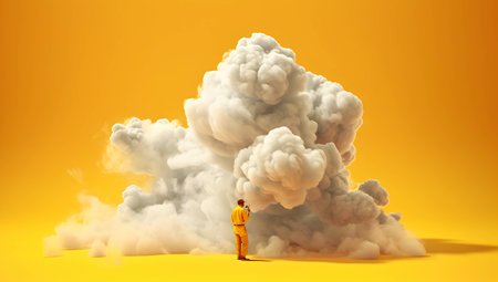 Man looking at big cloud with smoke on orange background. 3D renderingの素材