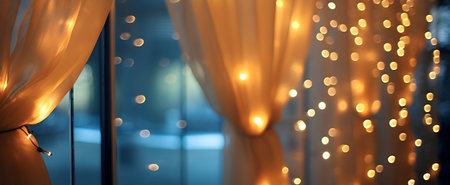 Golden curtains with bokeh effect. 3d rendering, toned imageの素材