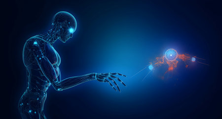 Humanoid robot with cell and neurons activity. 3D illustration.の素材
