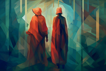 Two hooded women in a cave. vector illustration. polygonal background.の素材