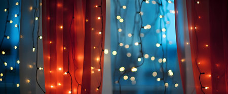 Red and blue garland lights on a window. New Year and Christmas backgroundの素材