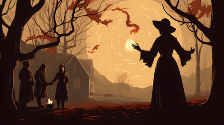Halloween background with a witch and a man in a hat.の素材