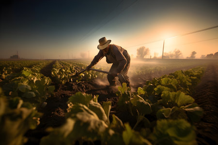 Farmer working on a tobacco field in the early morning with fogの素材