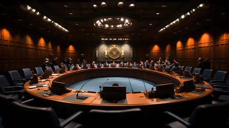 Conference room with a lot of people around the table and chairsの素材