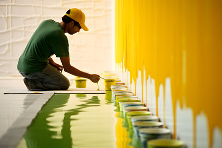 Painter painting the wall of a new house in yellow color.の素材
