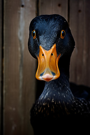 Portrait of a black duck with yellow eyes on a wooden backgroundの素材