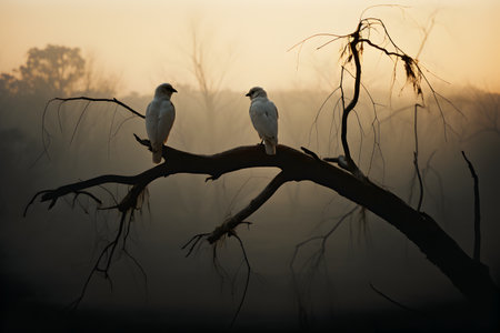 Two white birds on a branch in a foggy morning at dawnの素材