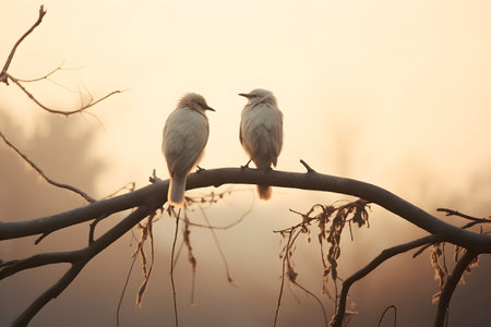 Two birds sitting on a tree branch in the morning light. Shallow depth of field.の素材