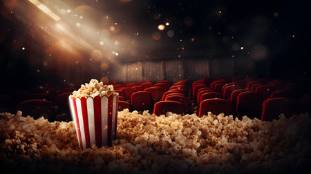 Movie theater with red seats and large popcorn bucket. 3d renderingの素材