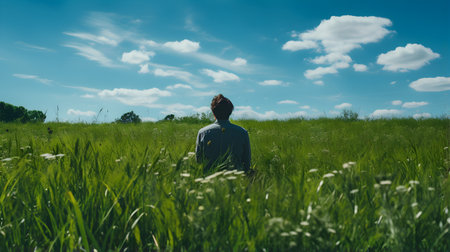 Young man standing on a green meadow and looking at the blue skyの素材