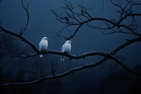 Two seagulls sitting on a tree branch at night.の素材