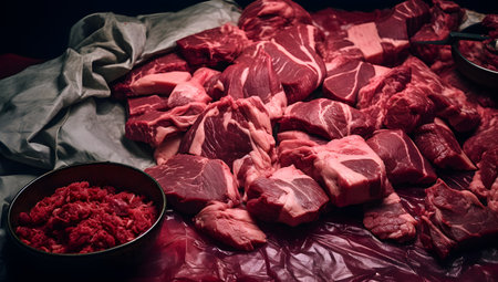 Raw meat on a cutting board. Preparation for cooking. Selective focus. Toned.の素材