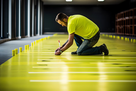 Young man kneeling on the floor and looking at a marker in a corridorの素材