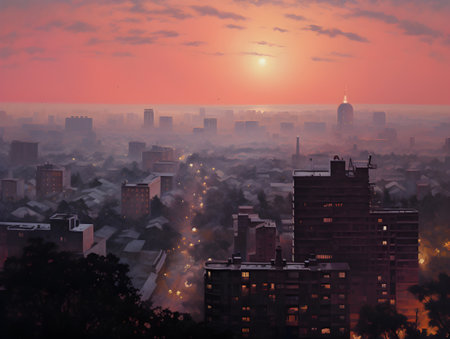 Sunrise over the city in the fog. 3d render.の素材