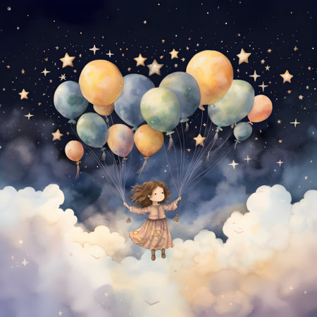Little girl flying on balloons with stars and clouds in the night skyの素材