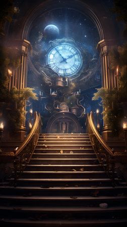 Night scene with old clock and stairs. Concept of time passing.の素材