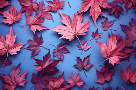 Autumn maple leaves on a blue background. Flat lay, top view.の素材