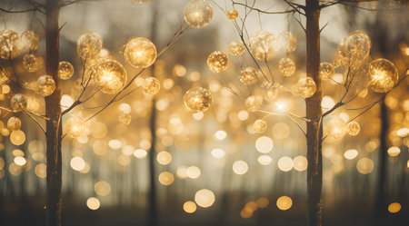 Bokeh in the forest at sunset. Christmas and City backgroundの素材