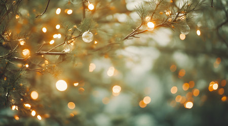 Christmas and New Year background with bokeh lights and pine branchesの素材