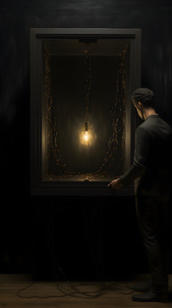 A man in a dark room with a lamp on the wall.の素材