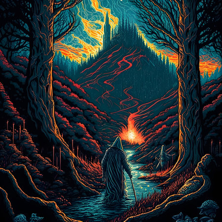Fantasy forest. Fairytale landscape with a man in a hood. Illustration.の素材