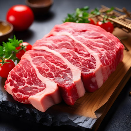 Raw beef steak on wooden cutting board with herbs, spices and vegetables.の素材