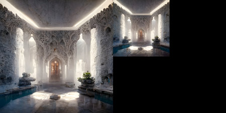 Mysterious temple in the light of the sun. 3D rendering.の素材