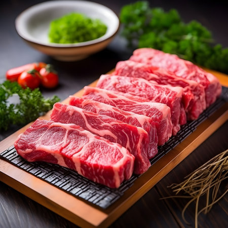 Raw fresh beef sirloin sliced on wooden board with herbs and spices.の素材