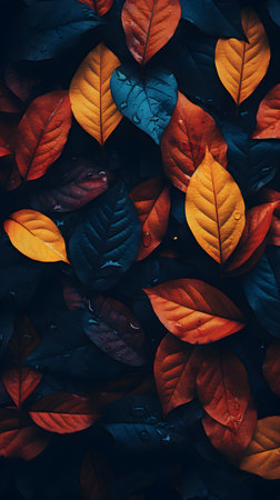 Colorful autumn leaves background. Top view, flat lay, copy space.の素材