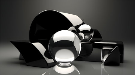 3d illustration of abstract geometric composition in black and white color with reflective surfaceの素材