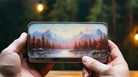 Hands holding smartphone with mountain landscape on screen over wooden table at nightの素材