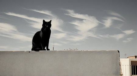 Black cat sitting on the wall of a building against the sky.の素材