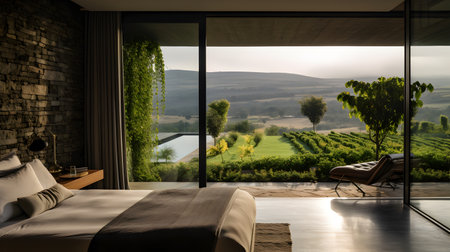Modern bedroom interior design with terraced vineyard view. 3D Renderingの素材